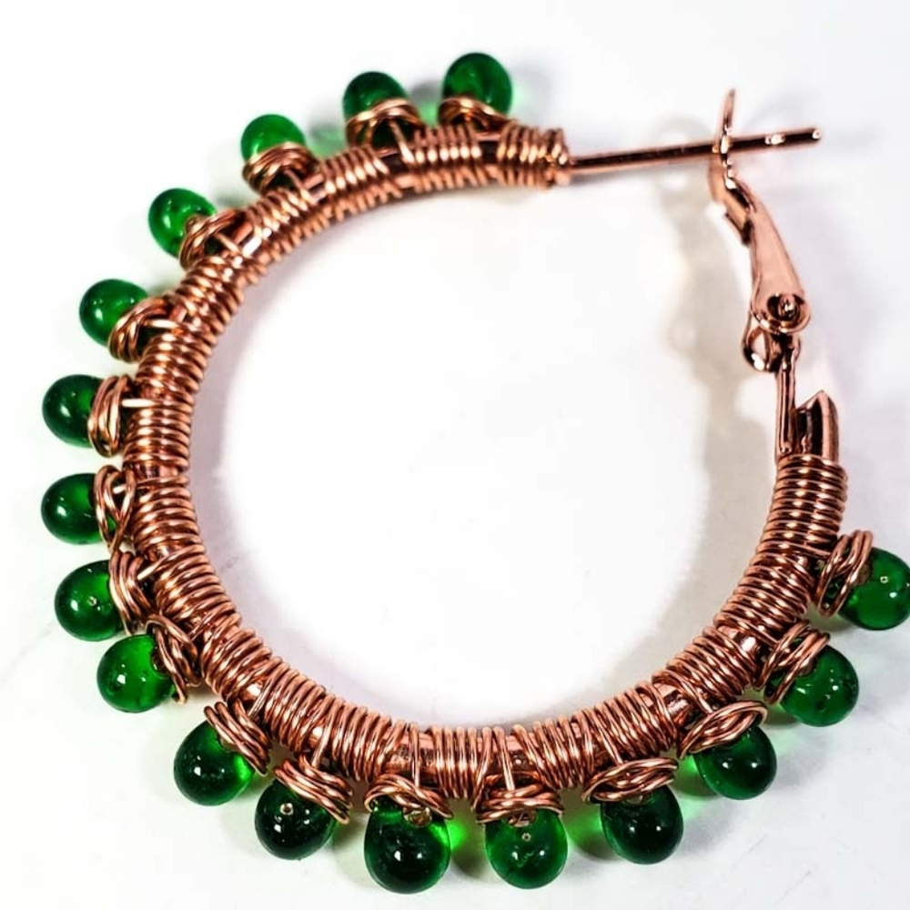 Artisan Green & Copper Wire Wrapped Hoop Earrings - Picture 4 of 7